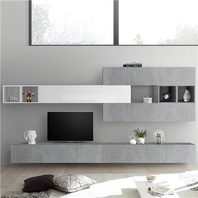 Composition murale TV gris béton et blanc laqué BOLCA
