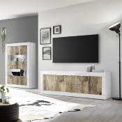 Meuble TV haut 210 cm moderne couleur bois et blanc FOCIA 6
