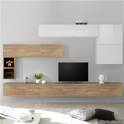 Ensemble meuble TV couleur bois et blanc PIANA