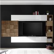 Meuble TV suspendu blanc et couleur bois foncé LICATA