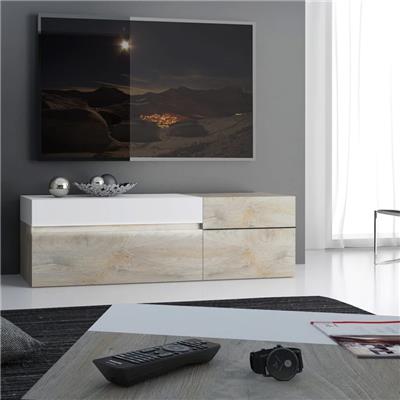 Grand meuble TV moderne couleur chêne et blanc FANO
