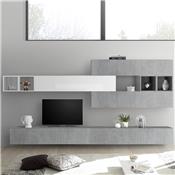 Composition murale TV gris béton et blanc laqué BOLCA