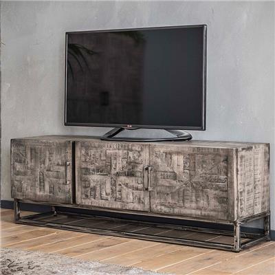 Meuble TV en bois massif gris et métal noir DAYTON