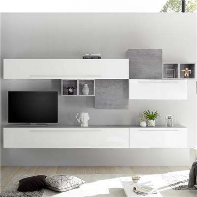 Ensemble meuble TV mural blanc et gris clair VASTO