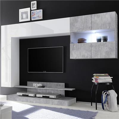 Meuble TV suspendu led design blanc laqué et gris PICERNO