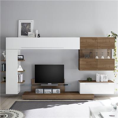 Meuble TV mural blanc et couleur bois foncé TARENTA