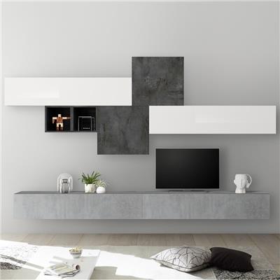 Meuble mural TV gris et blanc laqué PULSANO