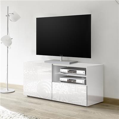 Petit meuble TV 120 cm blanc laqué design ELMA Sans éclairage
