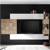 Ensemble meuble TV blanc laqué et couleur bois clair LICATA