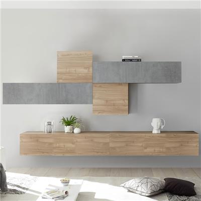 Mur TV design gris et couleur chêne PAPIANO