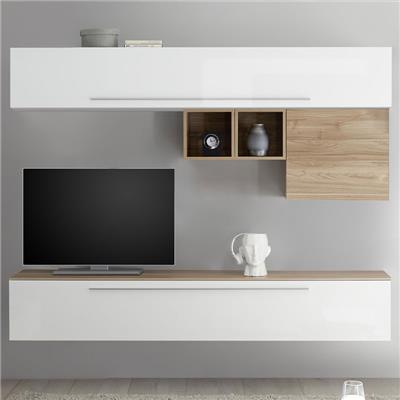 Mur TV blanc et couleur bois clair ISERNIA