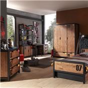 Chambre complète en bois industrielle BRONX armoire 3 portes
