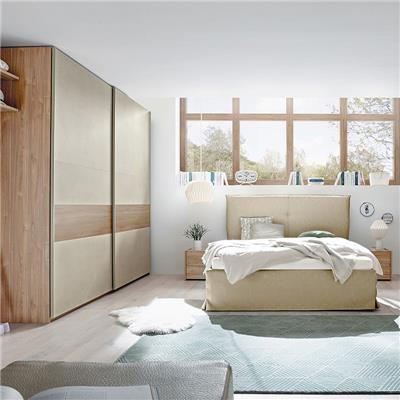 Chambre à coucher taupe et couleur bois miel ADRIANO lit 180 cm