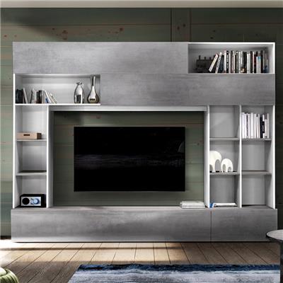 Mur TV design gris effet béton et blanc PERDITA