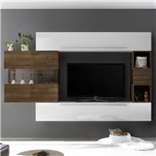 Mur TV moderne blanc et couleur bois foncé ALCAMO