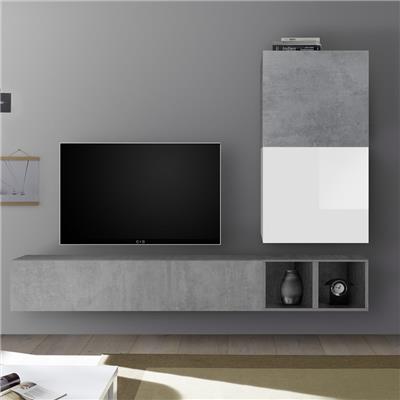 Meuble TV suspendu blanc laqué et gris béton SOLETO
