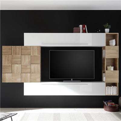Ensemble meuble TV blanc laqué et couleur bois clair LICATA