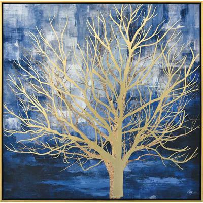 Peinture sur toile bleu et or encadrée arbre Klein 80x80